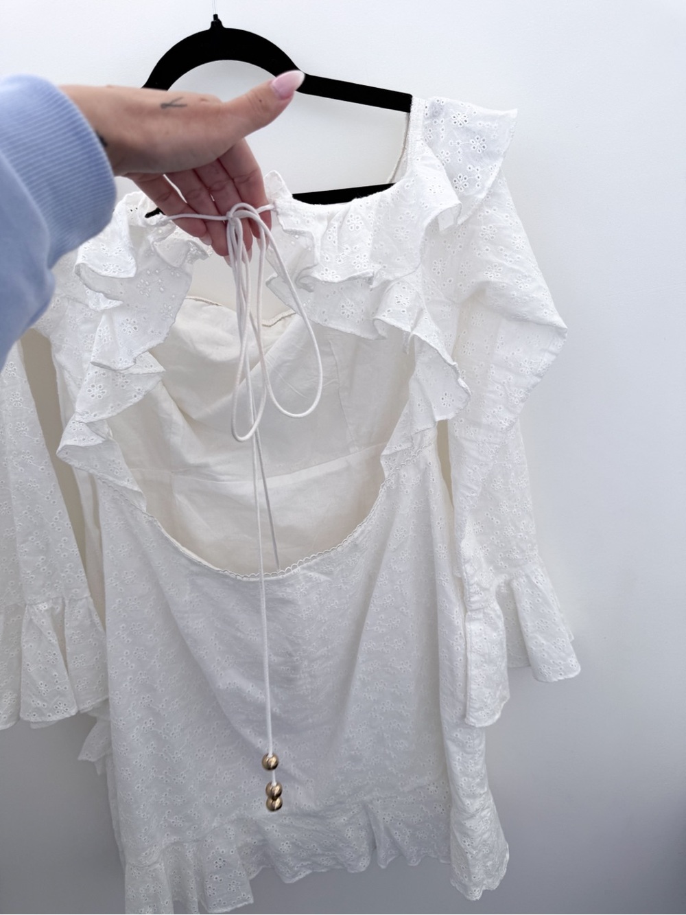 SABO LUXE White Eyelet Ruffle Mini Dress | Open Back | 100% Cotton | Size L - Picture 5 of 13
